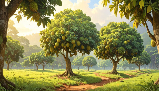 Lush orchard with ripe durians