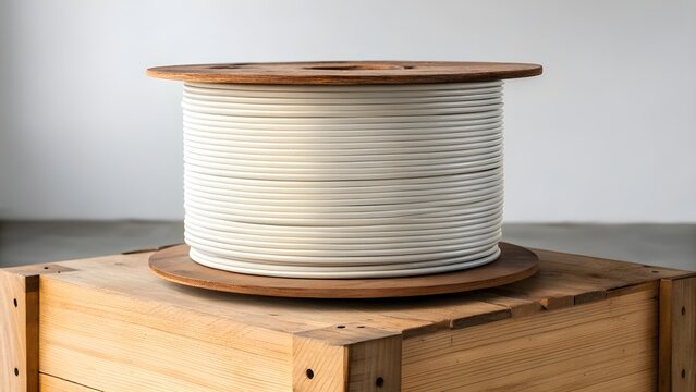 Roll Of Optical Fiber Cable Coiled On Wooden Box, Industrial Technology Composition Highlighting Connectivity, Precision, Network Infrastructure, And Modern Communication Design