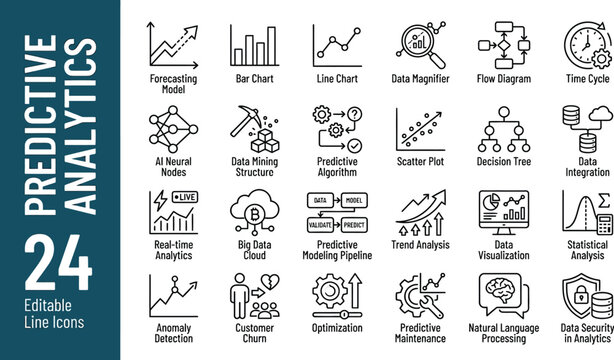 Predictive analytics icons display a set of twenty-four editable line graphics for data science projects.