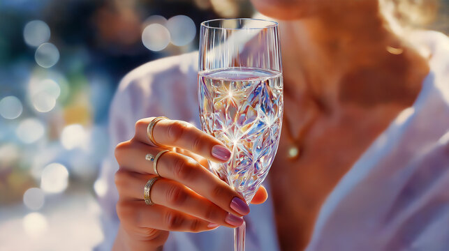 Sparkling Toast: Elegant Hand with Crystal Flute of Bubbly Drink