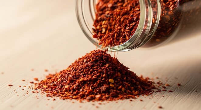A small pile of red chili pepper flakes pouring out of a glass spice jar on a kitchen table surface.  aleppo pepper flakes