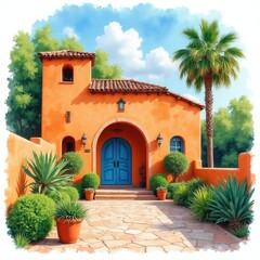 Naklejka premium Orange hacienda with blue doors and tiled roof. Lush green plants and palm tree in sunny courtyard. Spanish colonial style house illustration.