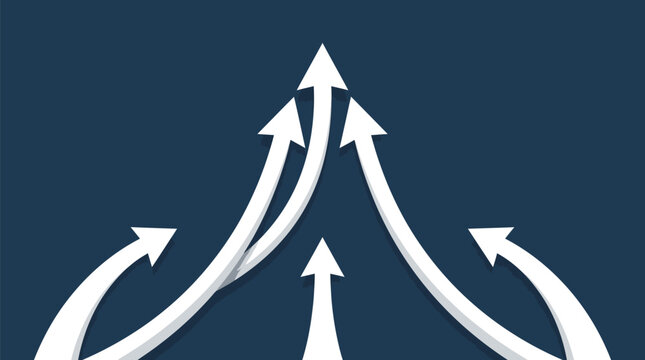 Arrows shifting from multiple paths into one central upward point illustrate the transition toward shared objectives and focus.