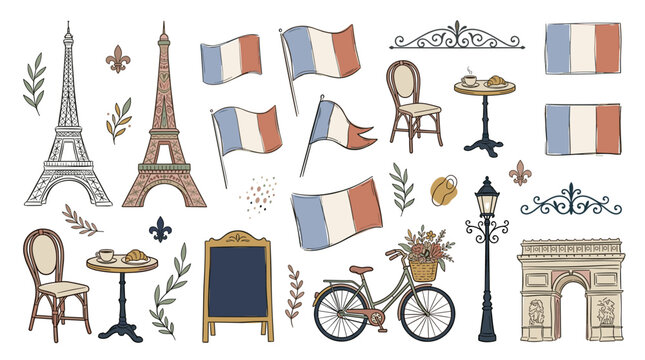 French symbols and Parisian landmarks illustration.