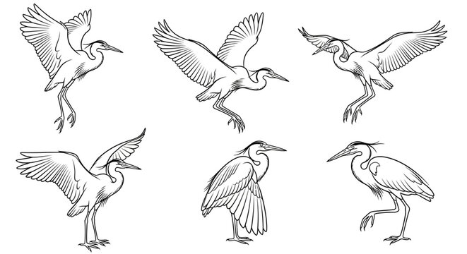 Heron Bird Set, Hand-Drawn Sketch Collection of Graceful Herons