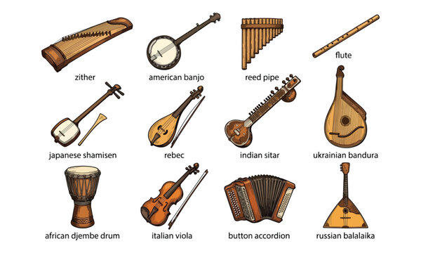 Musical Instruments Set with Traditional Cultural Folk Varieties