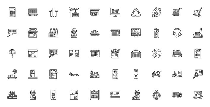 User interface icon set. Minimal vector icons pack. Featuring slideshow, chat, browser, settings, profile, landing page and more. Editable vector stroke.