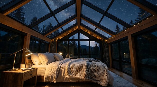 Starry sky view from luxury cabin bed with knit blankets, cabin, glass roof, stars, bedroom, luxury