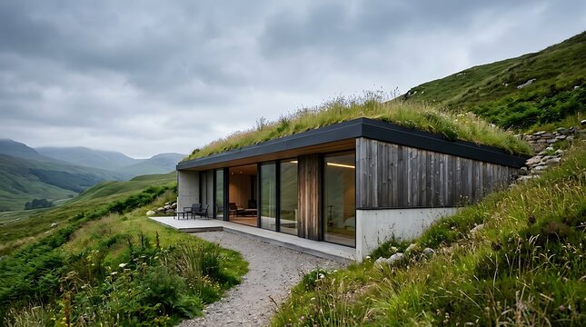Modern sustainable architecture Grass roof retreat at overcast, grass roof, minimalist, retreat, architecture, sustainable