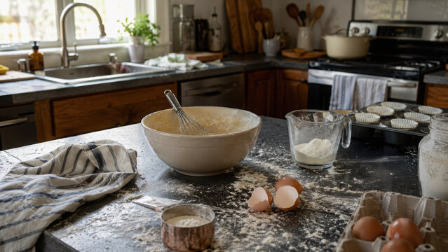 Kitchen baking flour egg whisk bowl countertop everyday scene messy kitchen countertop baking everyday scene with flour egg shell whisk bowl
