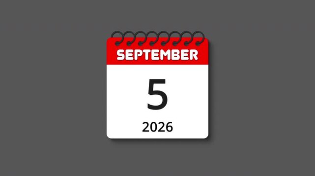 Monthly calendar animation with spiral ring coil binding, tear-off effect and realistic shadow for September 2026, perfect for time, schedule, event, and planning themes, transparent alpha channel BG