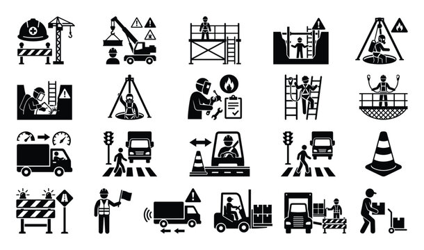 Collection of construction, roadwork, and logistics safety icons for worker protection