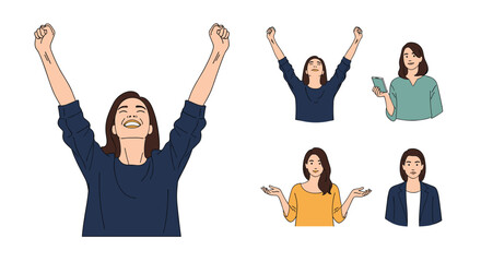 Obraz premium Young woman celebrates with raised arms in various expressive poses and gestures for lifestyle or success concepts.