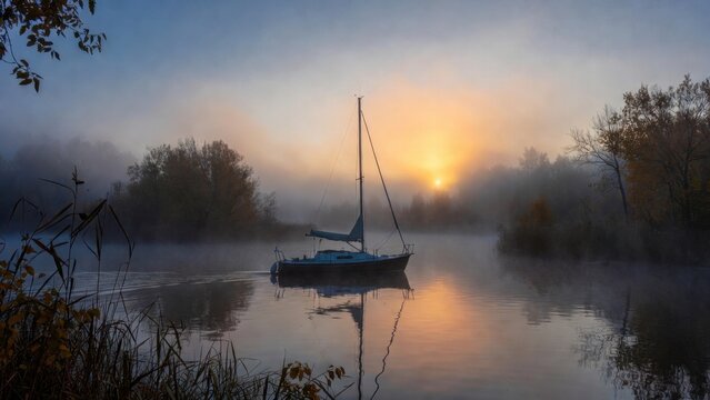 Mast sailboat drifting in mist with sunrise behind trees