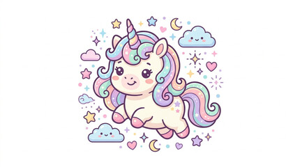 Colorful cartoon unicorn sitting surrounded by clouds and stars in fantasy sky © muhamad
