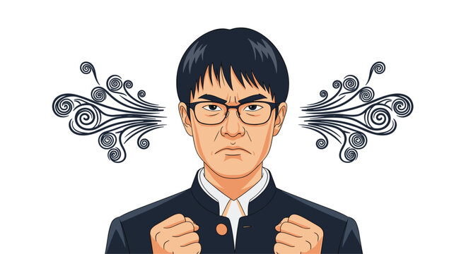 Angry man character wearing a school uniform clenches his fists with steam blowing out of his ears in intense fury.