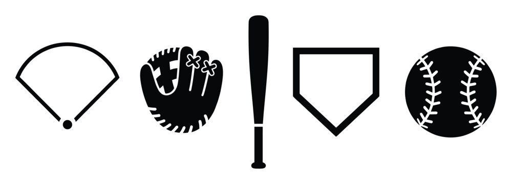 Essential baseball game equipment icons featuring bat glove ball home plate and field for sports graphic assets