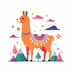 Obraz premium Cute Orange Llama with Colorful Blanket and Mountains