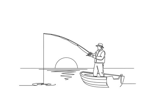 One line drawing of fisherman in boat at sunset