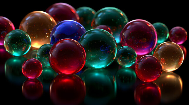 Dark luxury oil bubble composition with jewel toned spheres and premium abstract texture