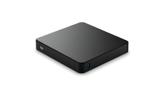 A slim, black electronic device, possibly a mini PC or router, sits on a white background with blue indicator lights.