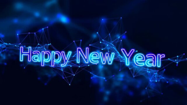 Futuristic Happy New Year neon text on a digital plexus background