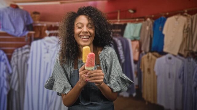Woman in apron holds two ice cream popsicles in both hands, smiling in a building clothing shop; joyful moment.