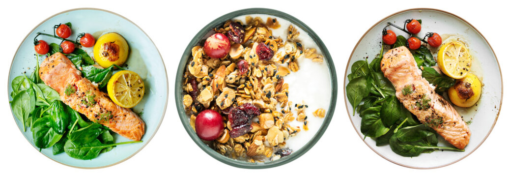PNG Healthy gourmet meals beautifully presented element set on transparent background