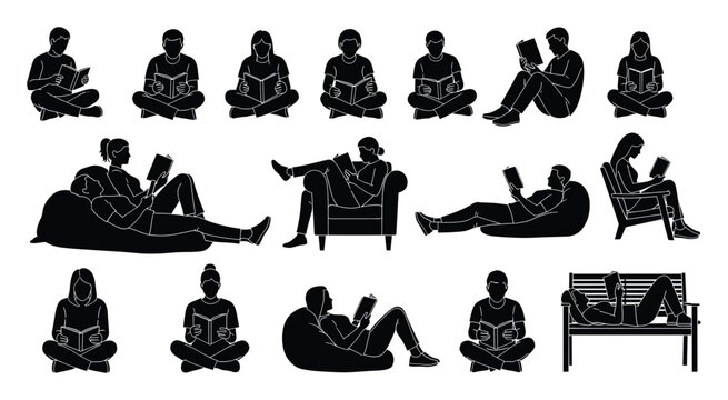 Diverse silhouettes of people reading books in various comfortable relaxed positions for education and leisure