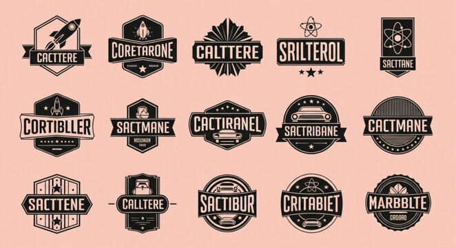 Collection of vintage retro logos and badges with rocket ships and abstract shapes.