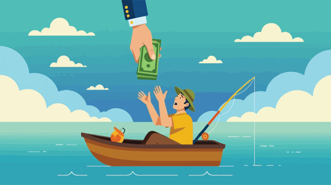 Business Hand Giving Money to Small Boat Fisherman, Financial Support and Subsidy Concept Illustration