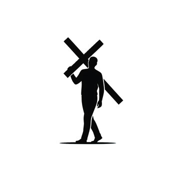Person Carrying Cross Silhouette on White Background