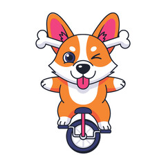 Corgi riding a unicycle with a bone in its ear © GraphixaLab