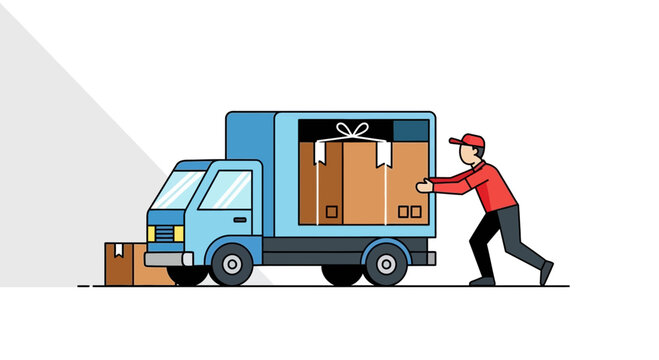Man pushing boxes into delivery truck.