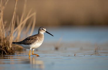 Fototapeta premium Sandpiper bird walks in shallow water near reeds. Small wader with speckled breast and yellow legs probes for food in calm lake. Wild avian animal foraging near marsh.