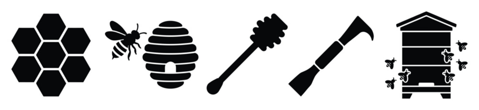 Essential beekeeping tools and honey symbols for apiary product packaging and education
