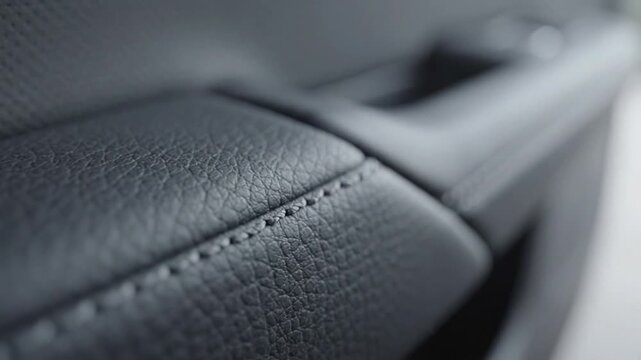 Black leather car interior closeup stitched armrest leather stitch