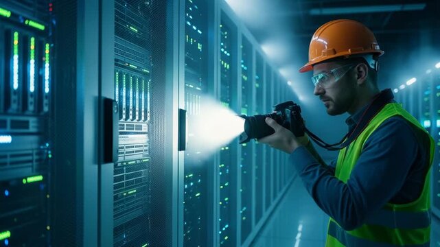 Technician inspecting server racks in a data center
