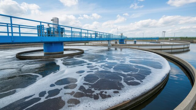 Industrial wastewater treatment plant with circular sedimentation tanks and aeration process
