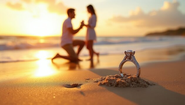 Man proposes with diamond ring on sandy beach at sunset. Couple shares emotional moment with ocean waves and golden sky. Love and commitment symbolized.