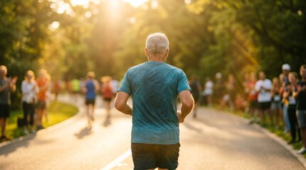 Obraz premium Elderly male competing in an endurance running marathon outdoors on a sunny day.