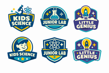 Kids science and genius junior lab badges set promoting research and education