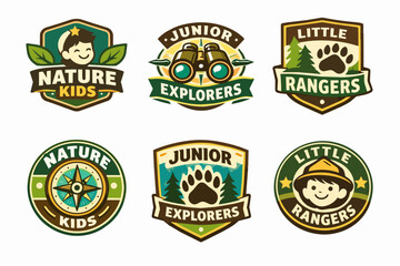Naklejka premium Collection of nature exploration and junior ranger scout kids outdoor adventure badges
