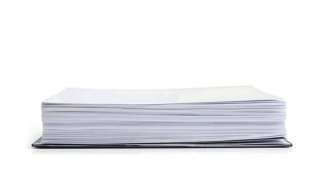 A thick stack of blank white paper sits on a dark surface, ready for printing or document creation.