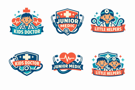 Kids doctor and junior medic emblems creating healthcare and medical worker concepts