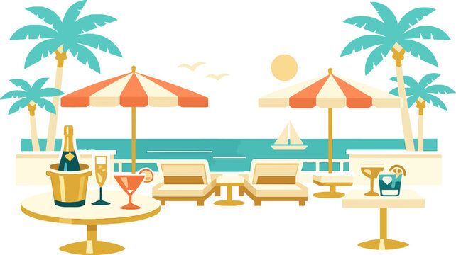 Tropical beach resort vacation illustration with palms and refreshing drinks