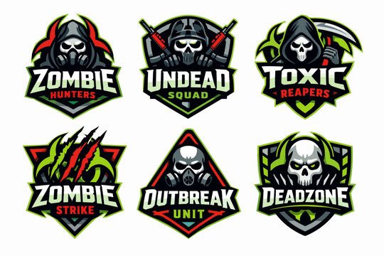 Gaming mascots featuring skulls, reapers, zombies, and gas masks, creating squad logos