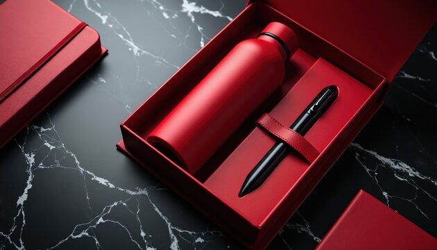 Elegant red gift set includes notebook water bottle and pen. Luxury stationery items packaged in a modern box. High quality corporate present for business professionals.