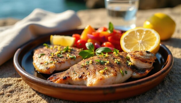 Two grilled branzino fillets served with fresh salad, lemon, and a glass of water on a beach. The meal is set on a rustic plate, ready for outdoor dining by the sea.