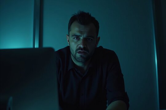 Man cowering behind office desk in a dimly lit room out of fear